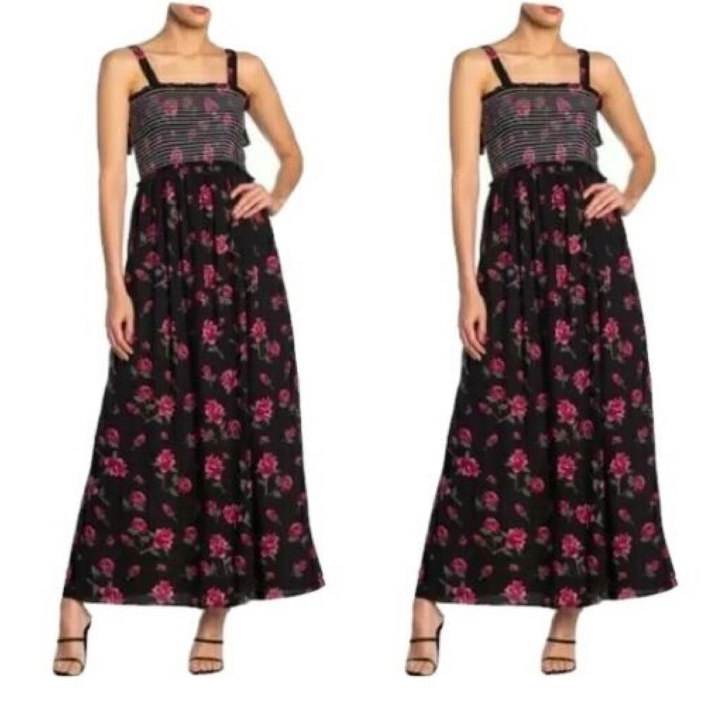 Angie Black Floral Smocked Maxi Tie Strap Dress
